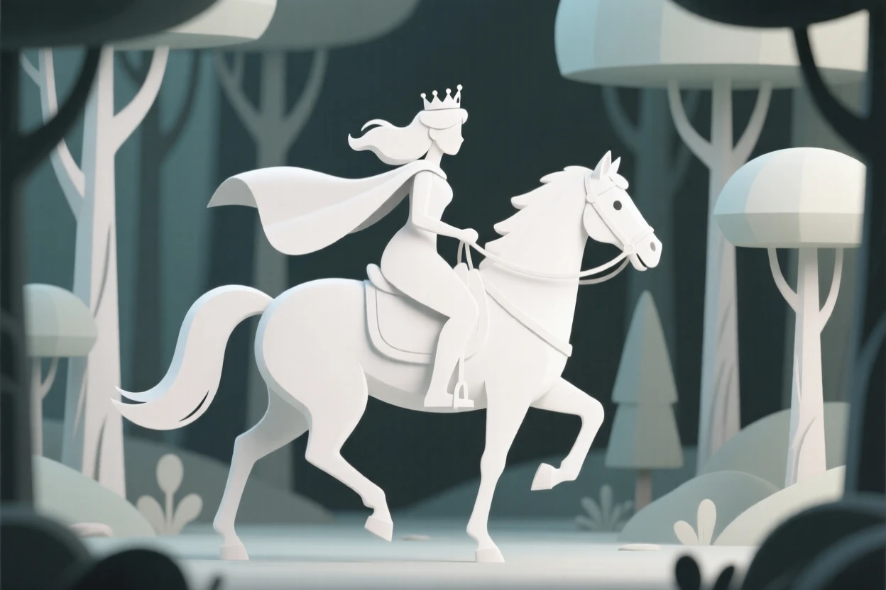 A brave princess rides a white horse through an enchanted forest, cape billowing behind her.