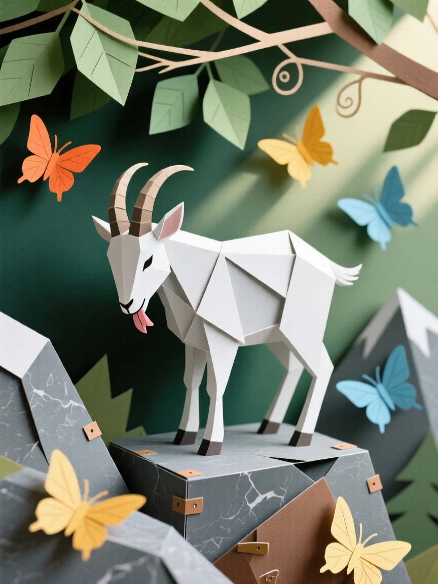 A young mountain goat grooming itself in dappled sunlight, with butterflies fluttering nearby, capturing playful joy and warmth.