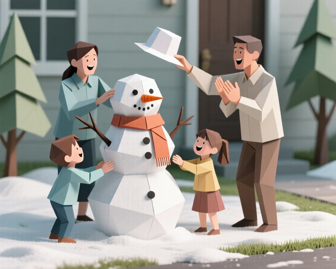 A family building a snowman together in the front yard, laughter frozen mid-motion.
