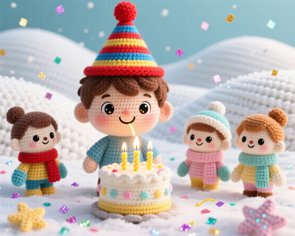 A festive scene of a small boy with a birthday party hat and cake grinning ear to ear, blowing out candles surrounded by friends within a rolling hillside blanketed in fresh snow; a trail of glittering confetti nearby, radiating quiet, comforting seasonal tradition.