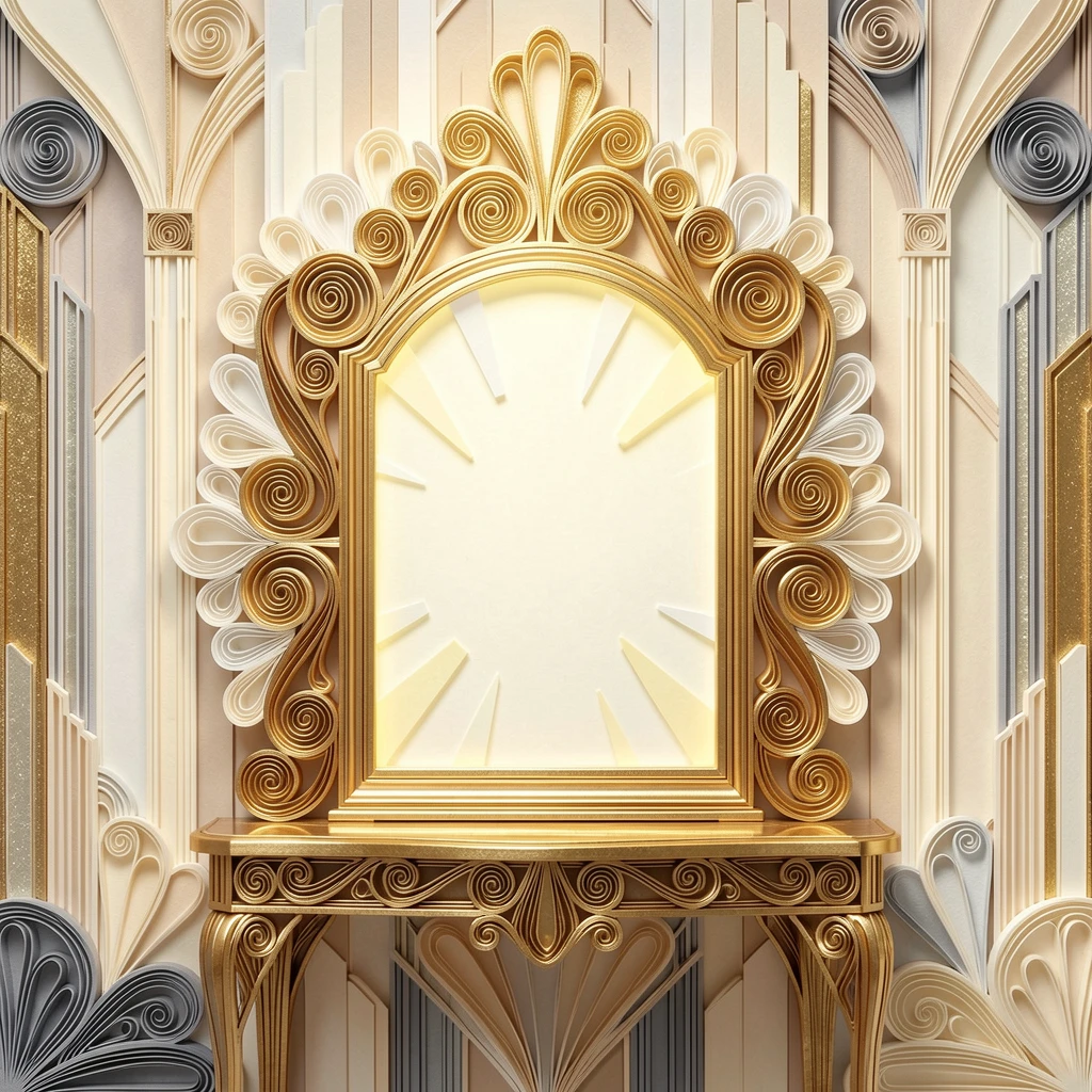 A sophisticated luxury scene of a gold-trimmed vanity mirror surrounded by soft lights in an elegant art deco lobby, with a subtle metallic gold shimmer, composed with a soft glowing spotlight on the subject.