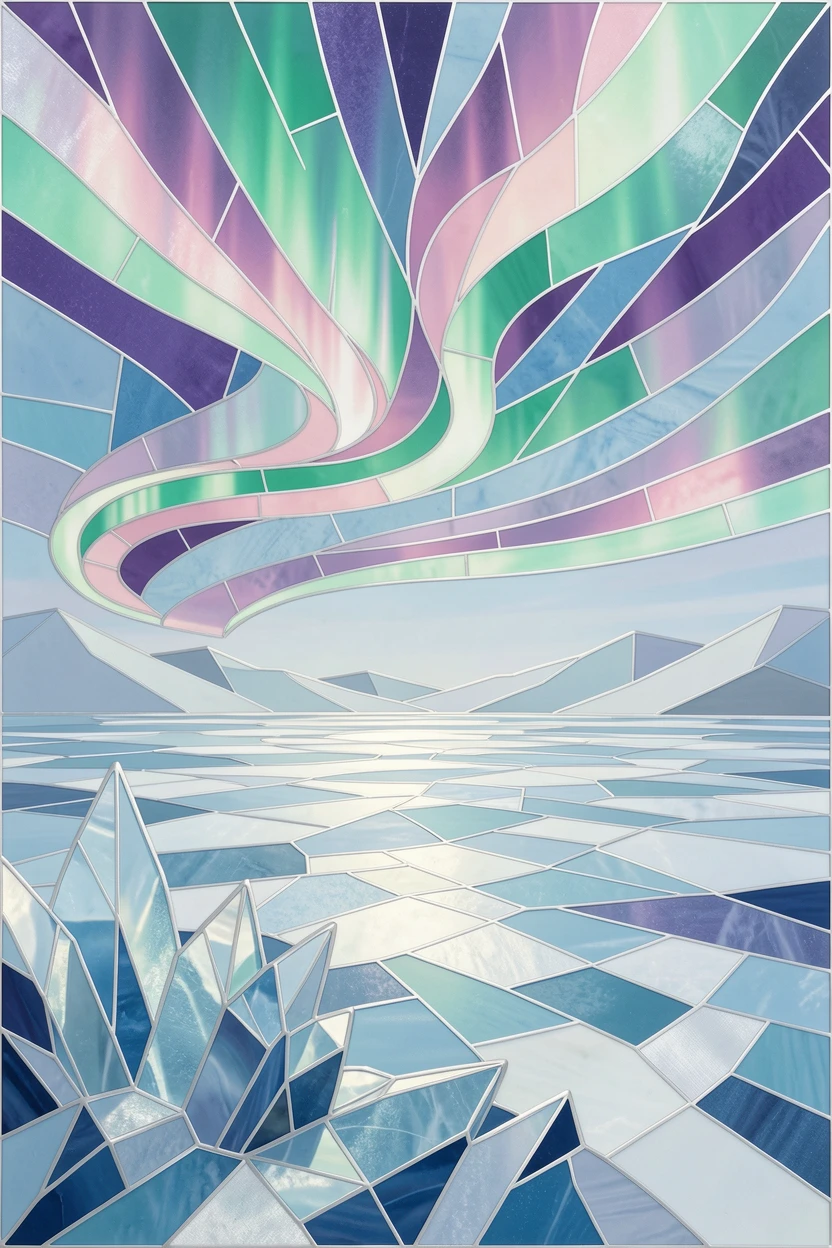 An icy tundra landscape glowing under the soft light of the aurora.