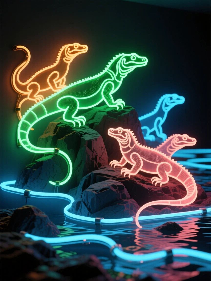 A group of Komodo dragons basking on a rocky island shore.