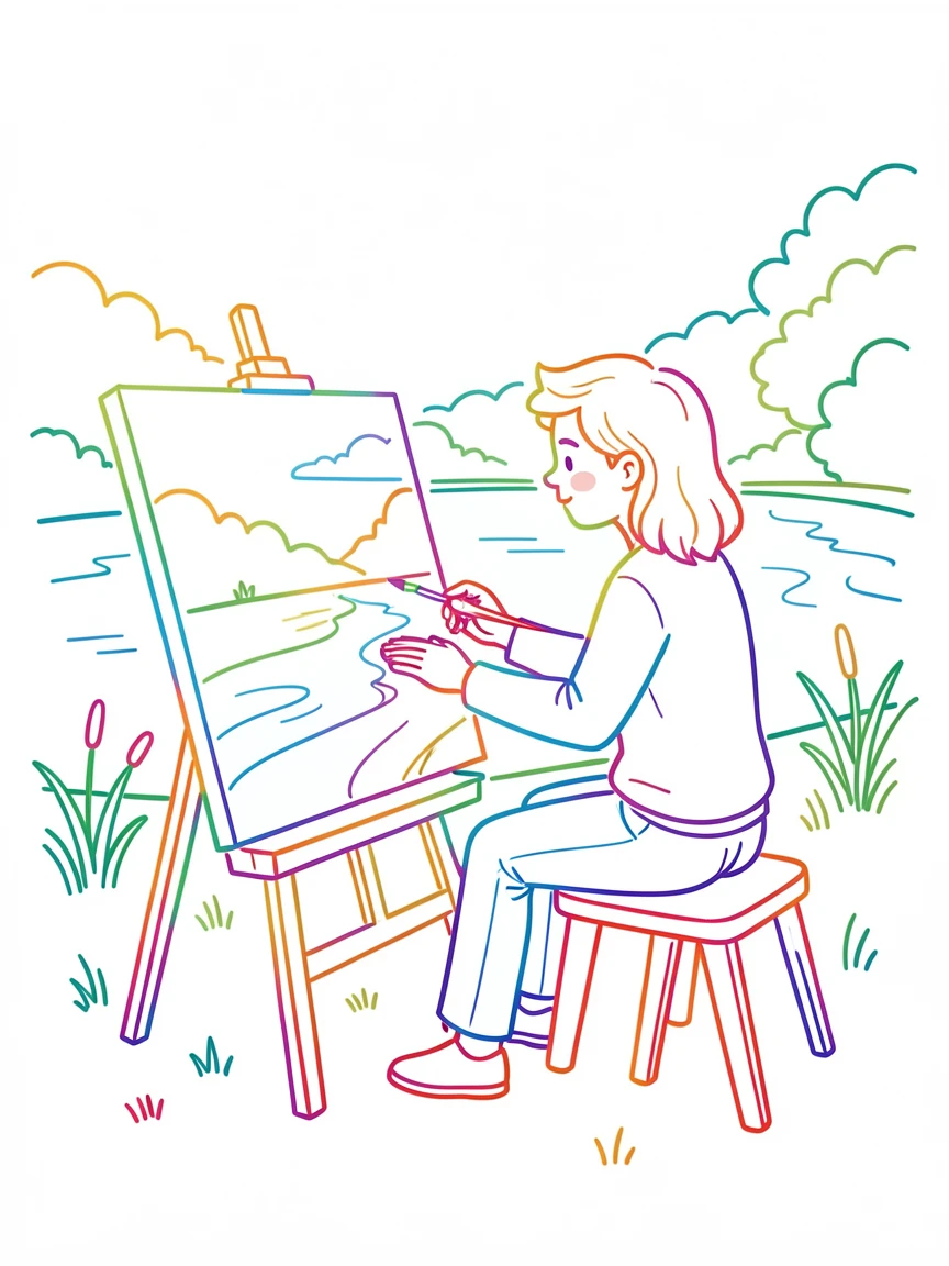 A person painting a landscape on a canvas set up outdoors near a lake.