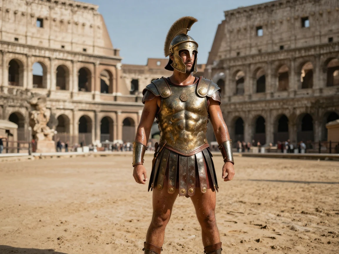 An ancient Roman gladiator standing in the Colosseum arena
