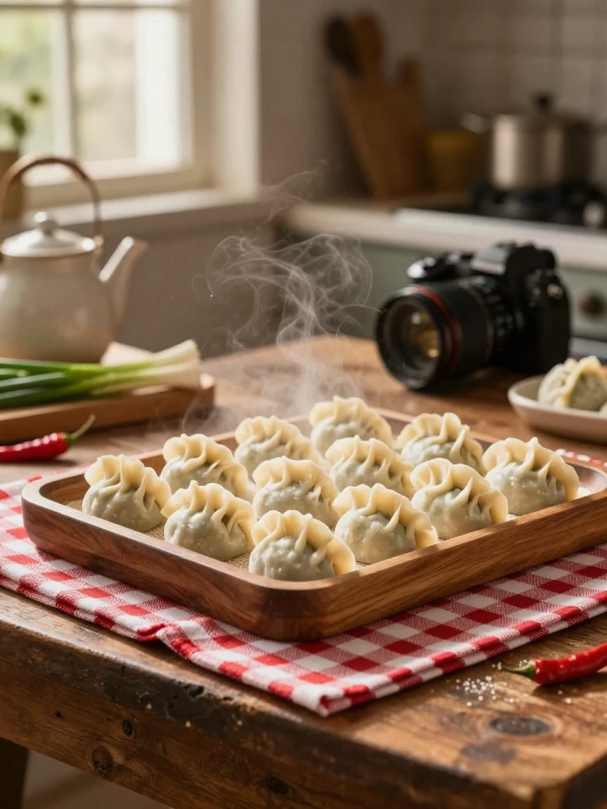 A tray of handmade dumplings steaming in the kitchen, ready to be shared, on a checkered picnic blanket