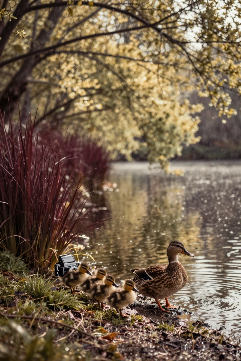Newly hatched ducklings following their mother across a pond, under harsh midday sun, under a light drizzle, in early spring, with rich burgundy and gold accents, framed symmetrically down a long corridor.