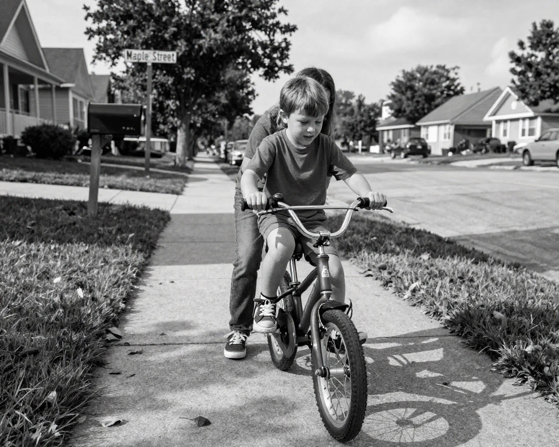 A young boy learns to ride a bicycle without training wheels on a quiet suburban sidewalk.
