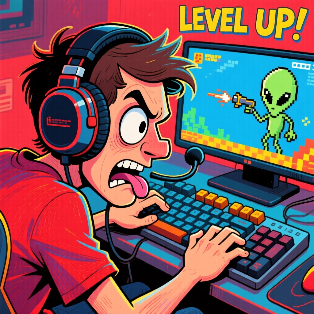 A gamer hunched over a keyboard, headset on, eyes wide with intense concentration.