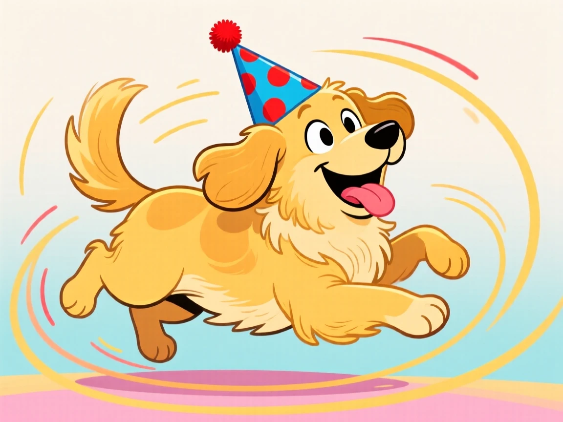 A playful pet moment featuring a fluffy golden retriever chasing its own tail in dizzy circles, with a birthday hat slightly askew.