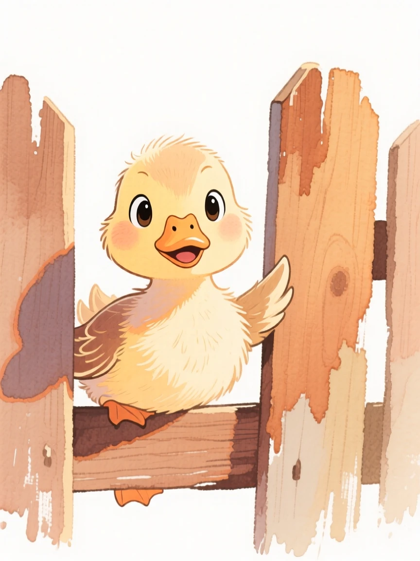 A duckling peeking through a wooden fence