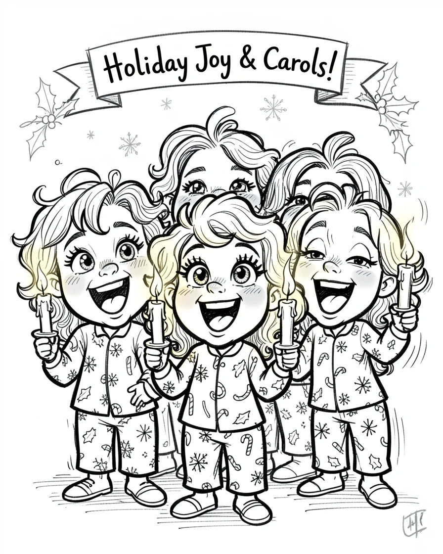 [Seasonal Holidays & Celebrations] Festive scene of children singing carols by candlelight in matching pajamas, full of celebration and joy