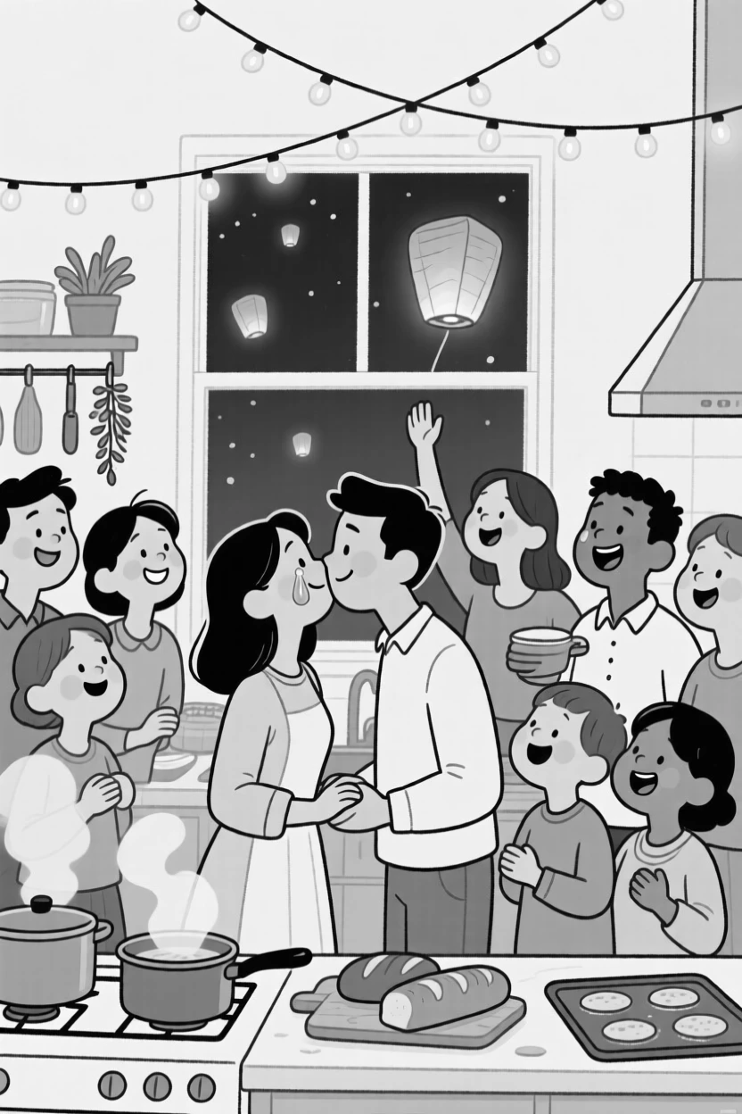 A crowd releasing glowing lanterns into the night sky, leaning in for a joyful, tearful kiss, set in a home kitchen bursting with delicious aromas. Warm string lights twinkle overhead. It radiates the timeless magic of coming together to celebrate.