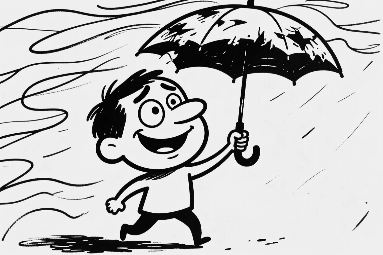 Someone triumphantly holding an umbrella that just barely survived a windstorm.