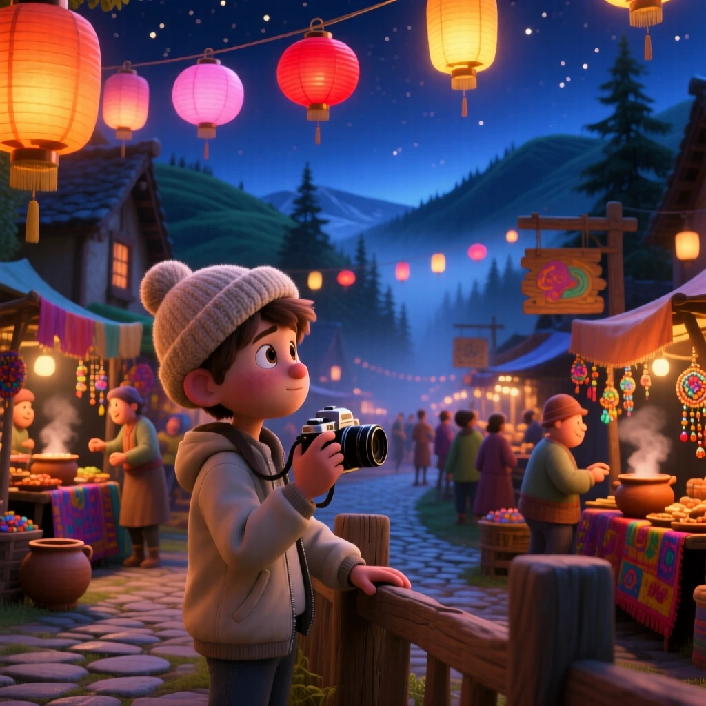 A photographer studying the horizon stands at a bustling night market strung with lanterns, pausing to breathe in the fresh mountain air. A sense of wonder and freedom fills the moment, with a light mist clinging to the distant hills.