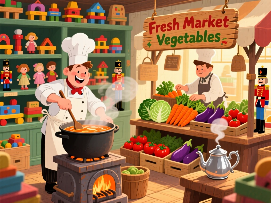 In an old-fashioned toy shop, a chef stirring a big pot of soup is busy stacking fresh vegetables at a market stall, as steam curls gently from a nearby teapot.