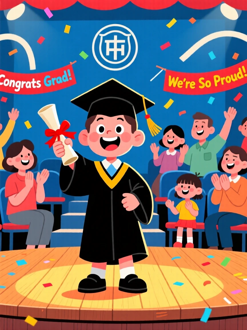 A student receiving a diploma with family cheering in the stands.