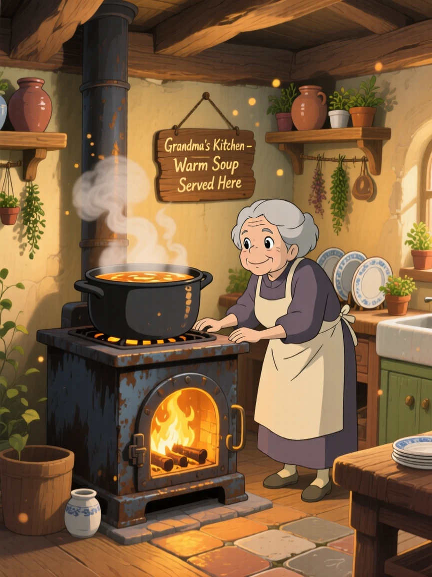 A warm, inviting scene of a steaming pot of soup simmering on a wood stove, with warm golden light filling the room.
