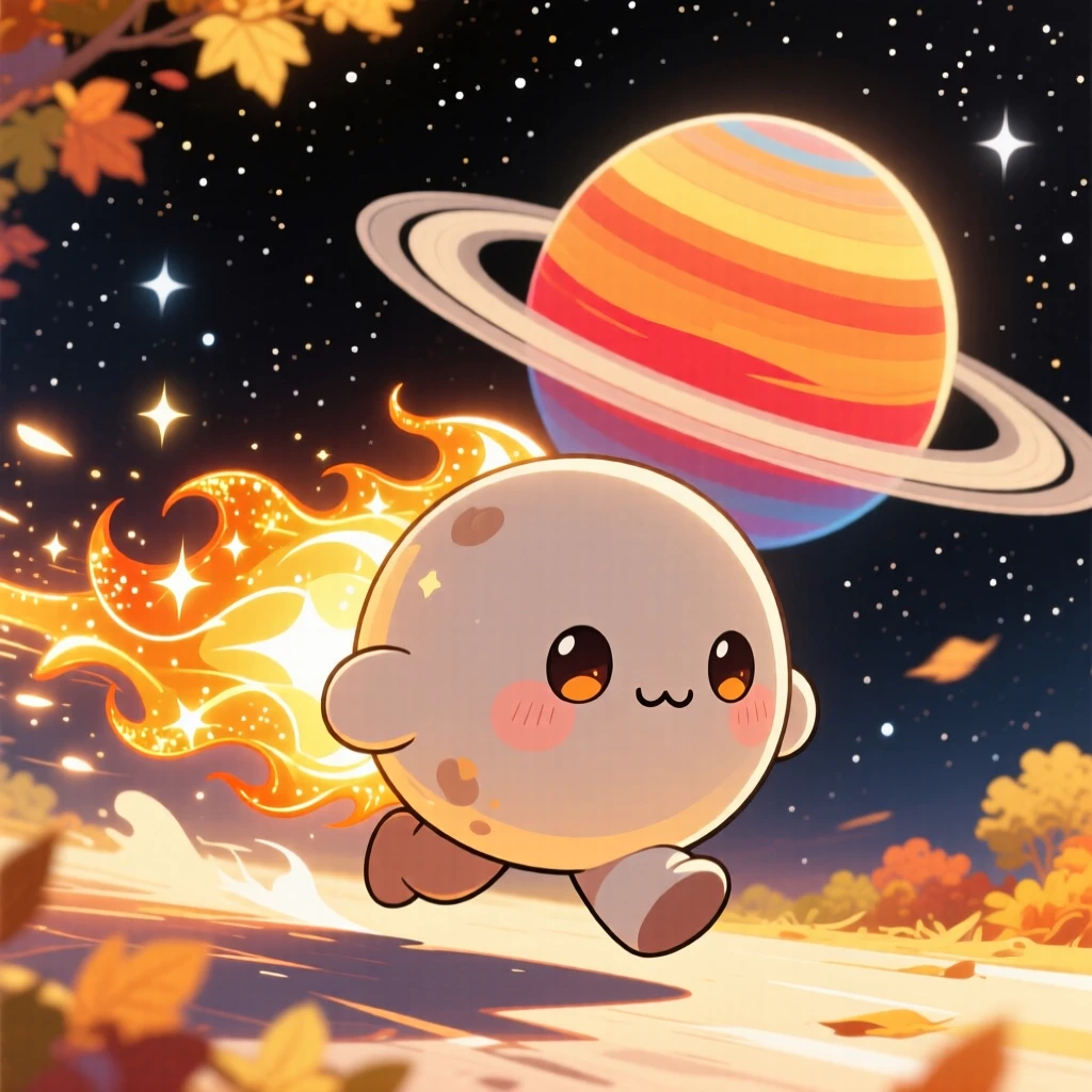 Symmetrical front-on view of a comet character with a sparkling tail, racing past a ringed planet, in deep space with distant stars, during golden autumn harvest season, illuminated by bright midday sun, radiating sleepy relaxation.