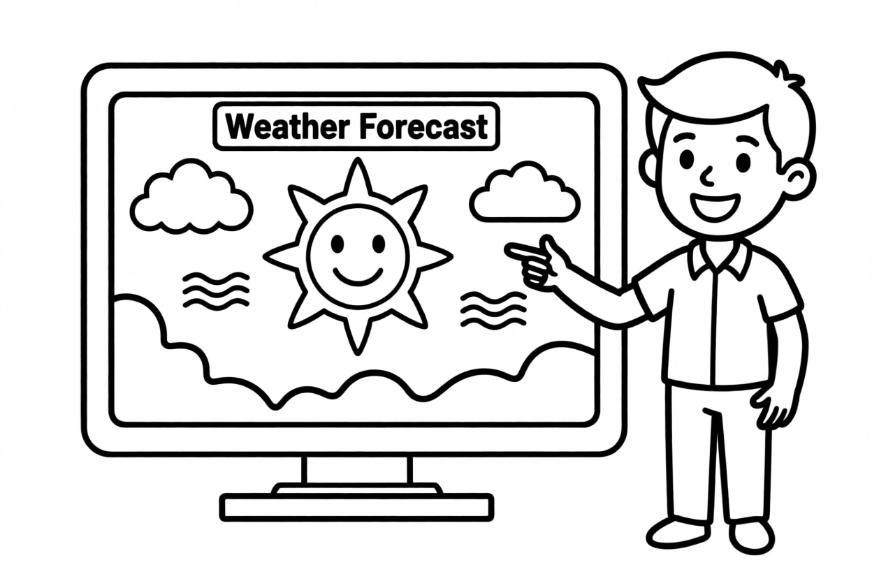 A weather forecaster pointing at a sunny map on TV