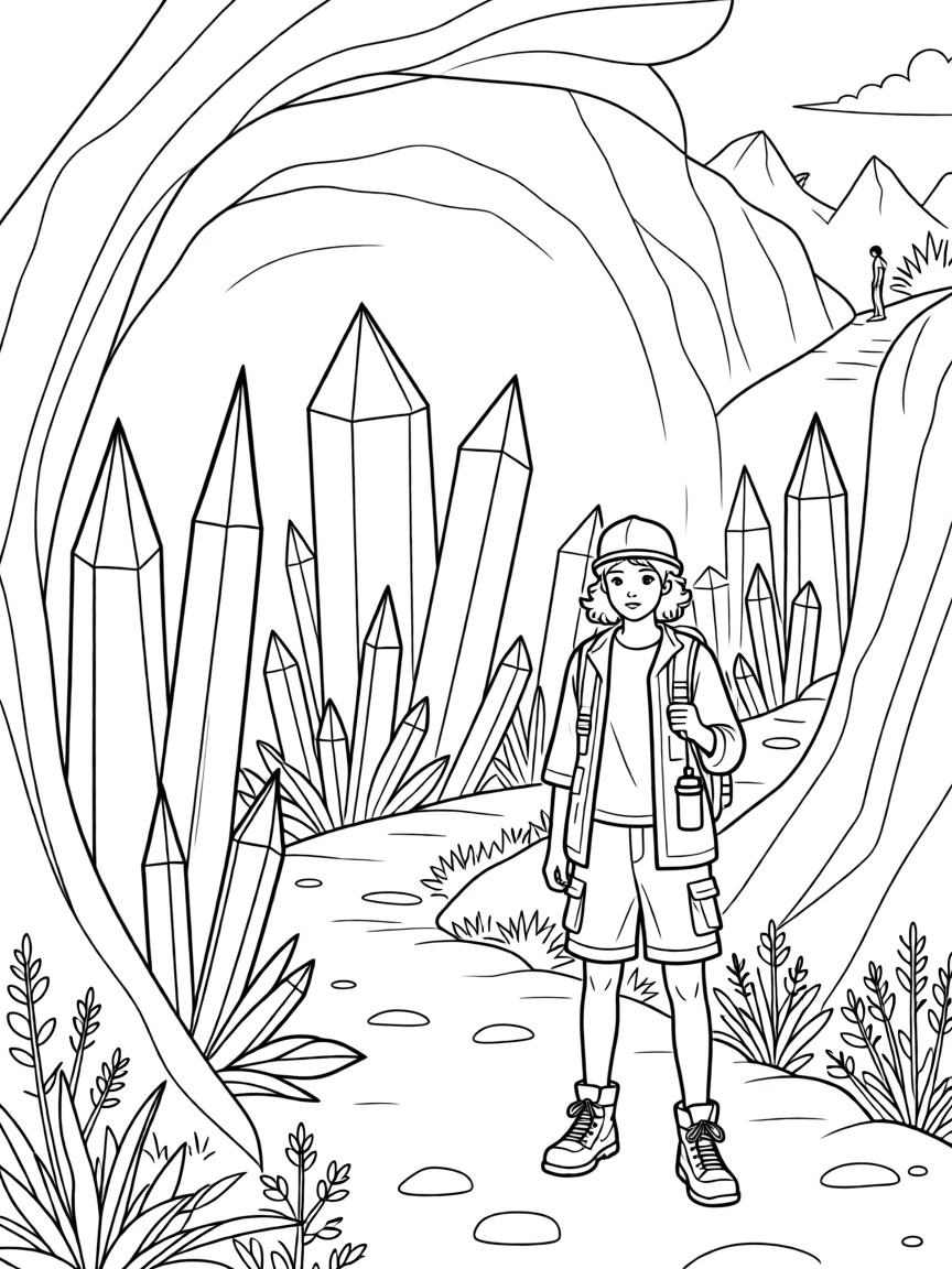 A hidden cave filled with glowing crystals, with a distant figure hiking along a ridge.
