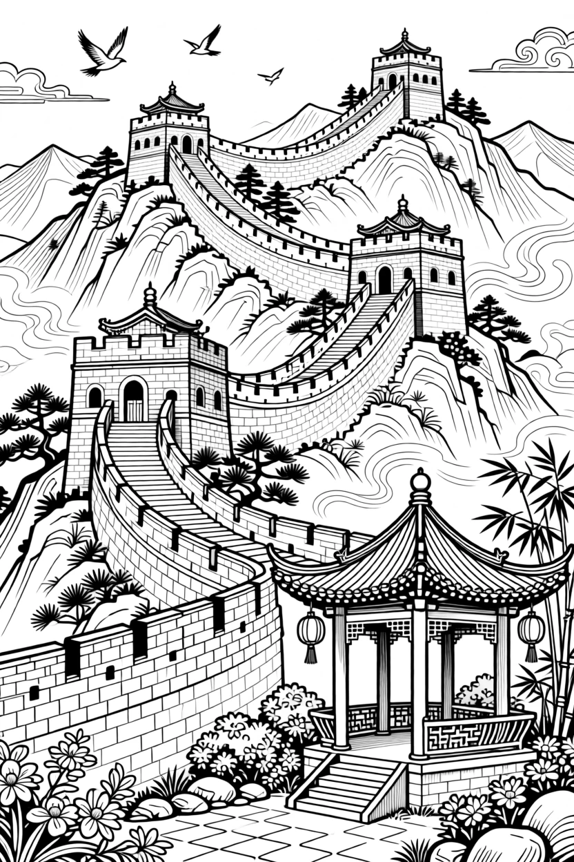 The Great Wall of China winding across misty mountain ridges.