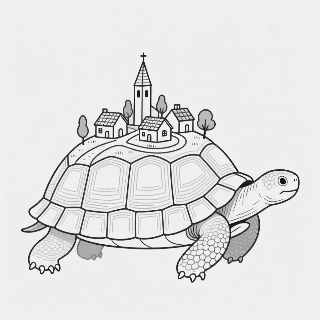 A giant tortoise carrying a small village on its shell