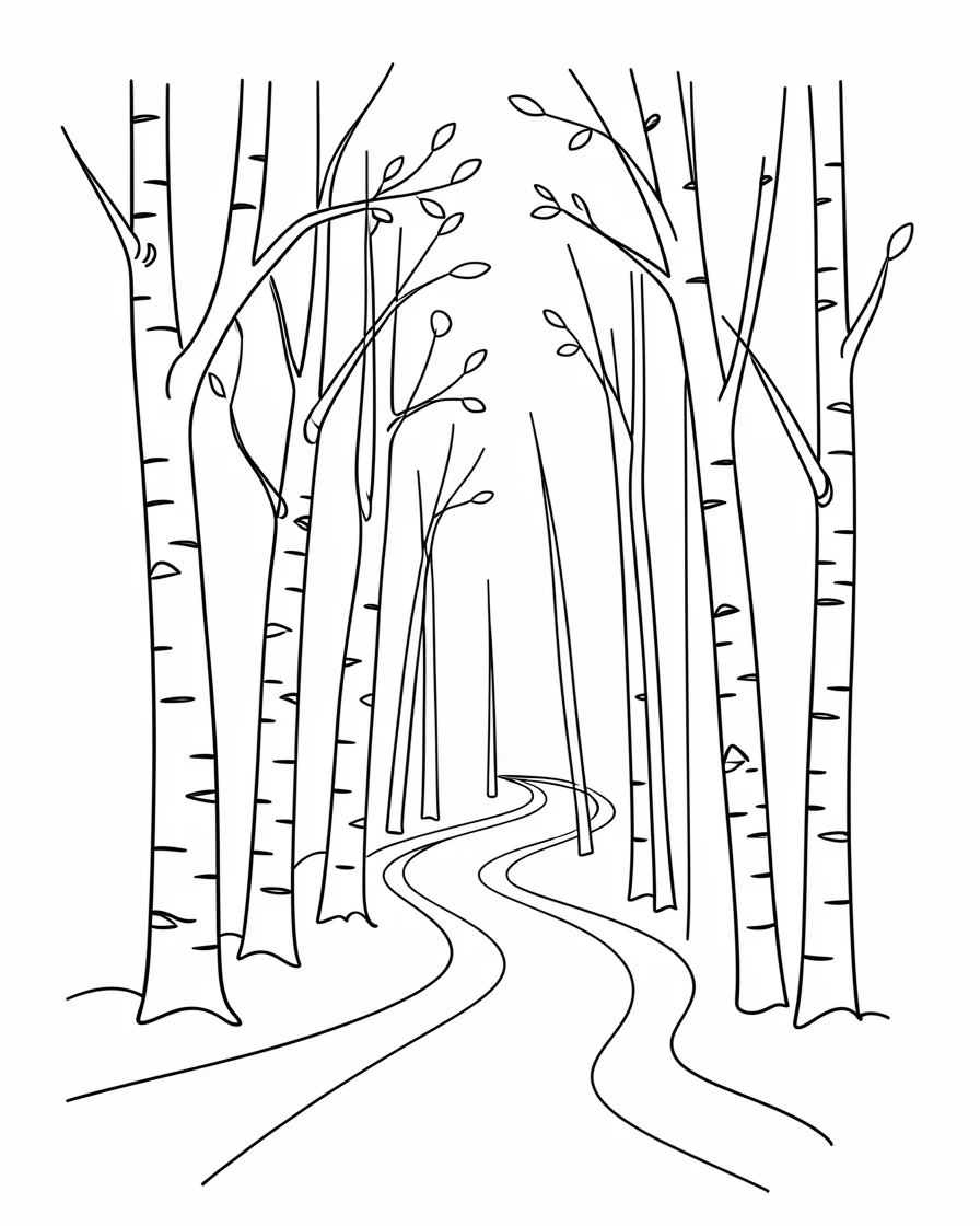 A grove of birch trees with slender white trunks lining a forest trail