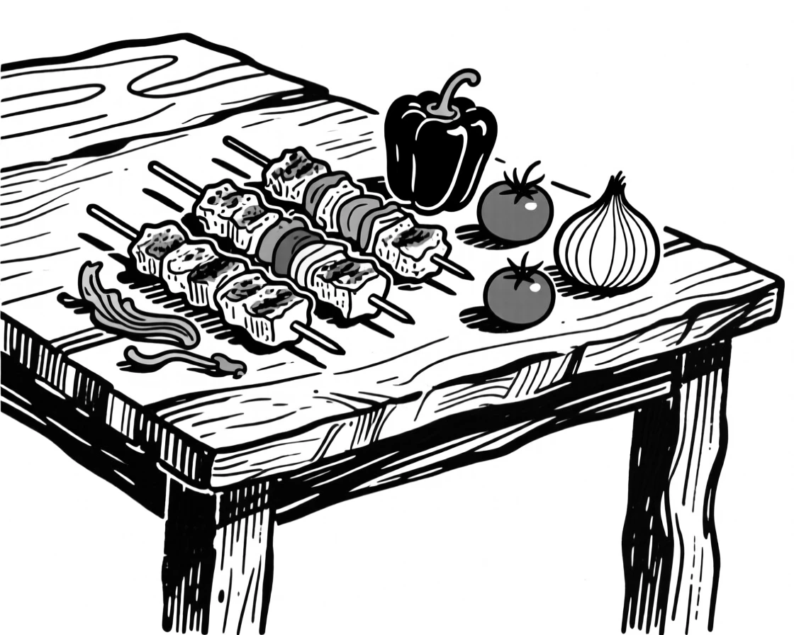 A rustic table spread of grilled kebabs with colorful vegetables.