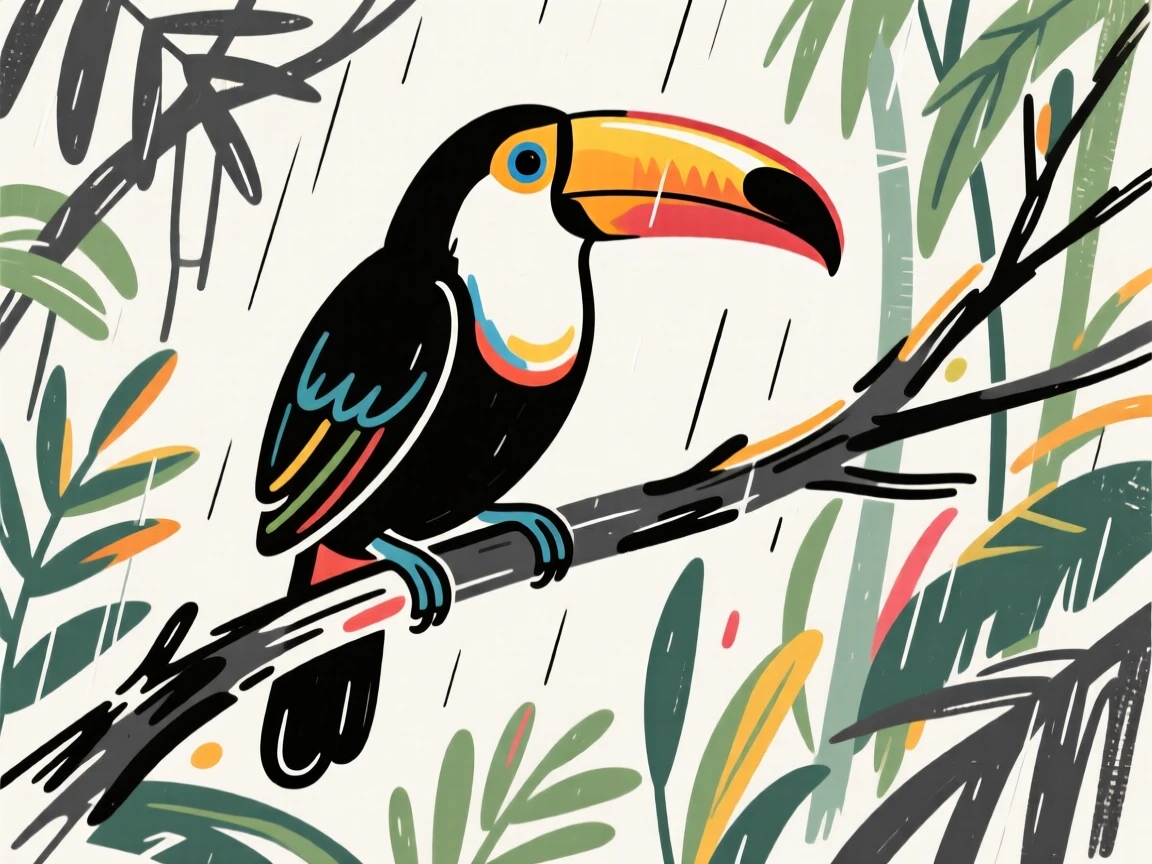 A colorful toucan perched on a branch in a lush rainforest.