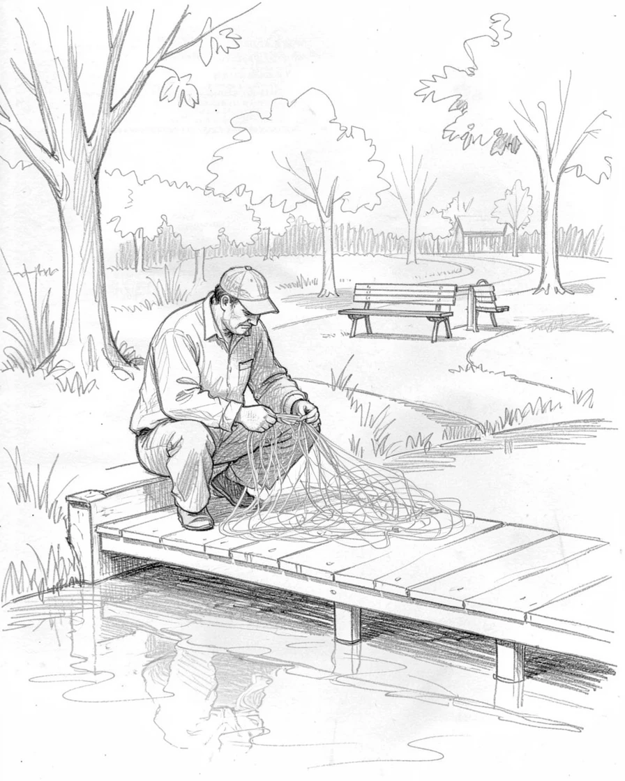 A fisherman mending his nets at the dock, in a peaceful suburban park, with quiet everyday contentment.