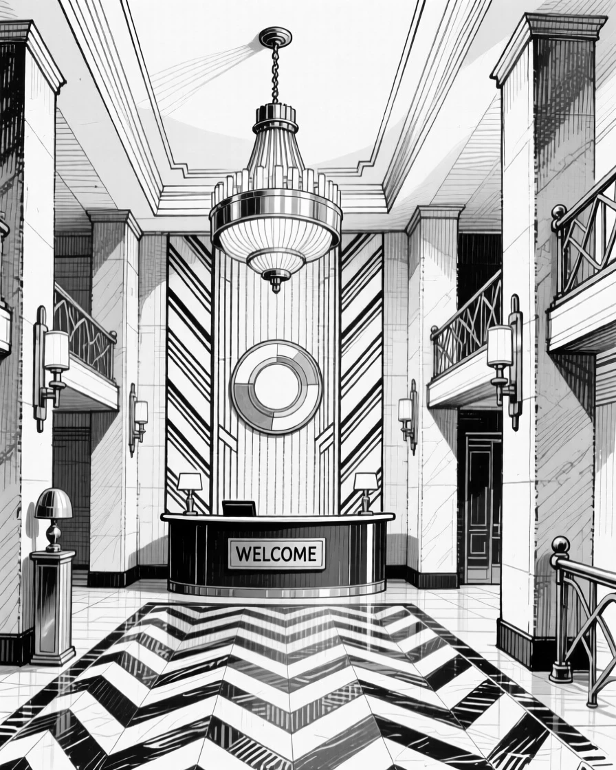 A modern art deco lobby with geometric patterns and brass fixtures.