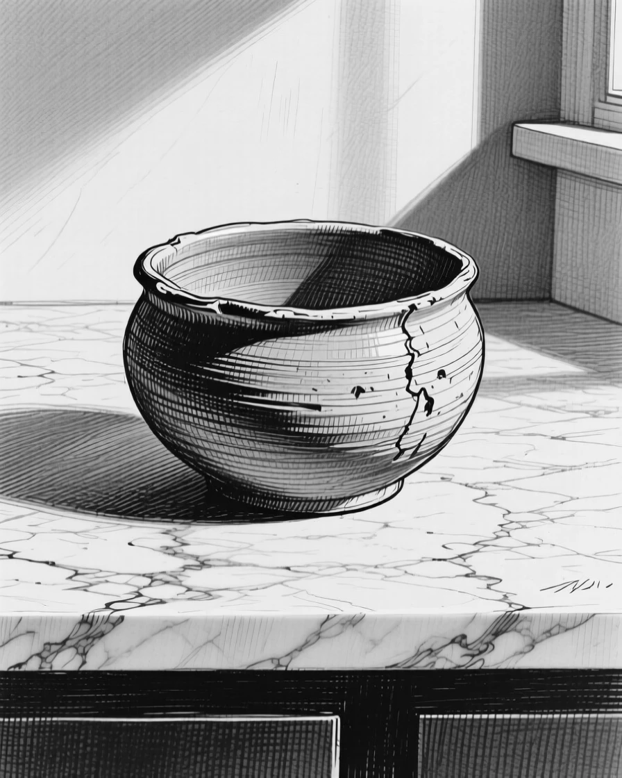 A hand-thrown pottery bowl set on a marble countertop, with soft natural light falling across its surface, forming a timelessly charming still-life study.