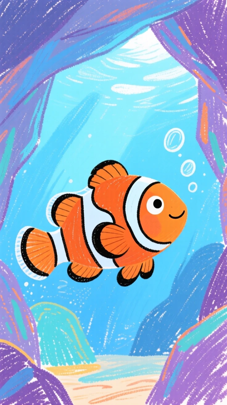 A colorful clownfish moving through a cave lit by soft blue light.