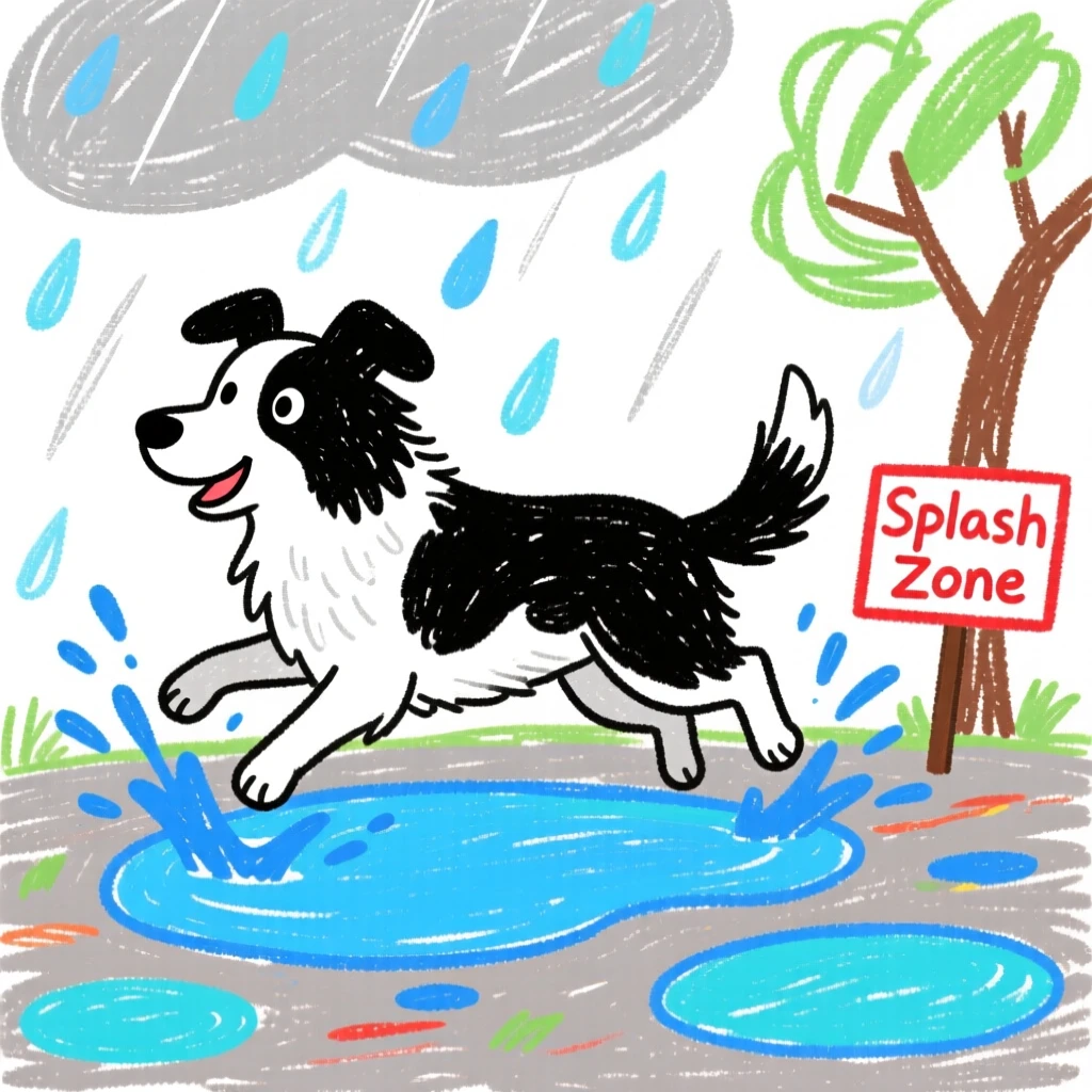 A loyal border collie splashing through puddles on a rainy walk.