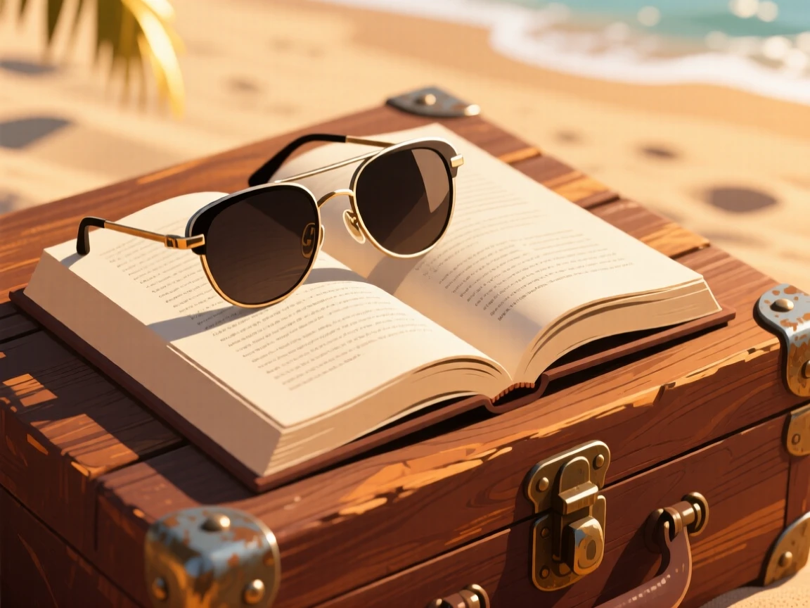 A pair of sunglasses resting on an open beach novel, arranged atop an antique wooden trunk, composed with a warm, nostalgic sense of stillness, with soft golden light highlighting fine craftsmanship.