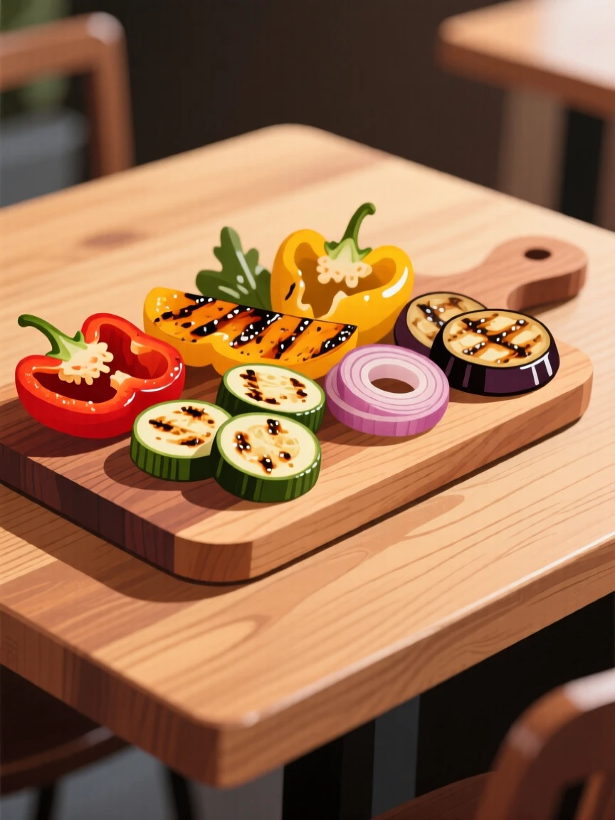 A platter of grilled vegetables beautifully displayed on a rustic wooden board at a cozy cafe.