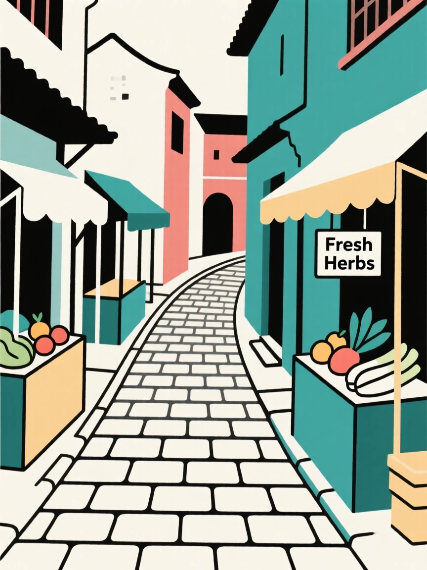 A journey through a vibrant Asian city street toward an old cobblestone alley, passing a scattering of market stalls, full of peaceful escape.