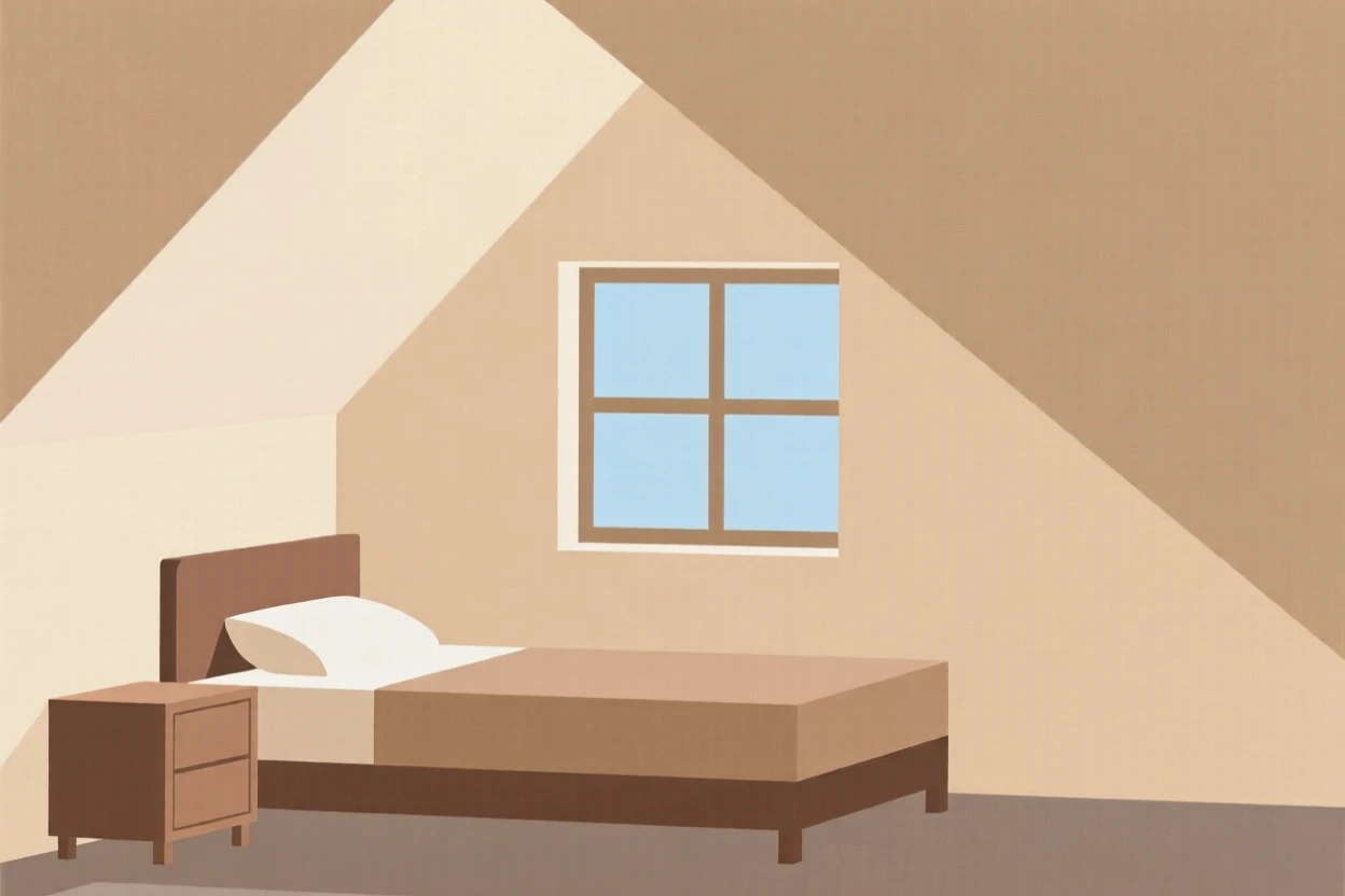 A cozy attic bedroom with a slanted ceiling