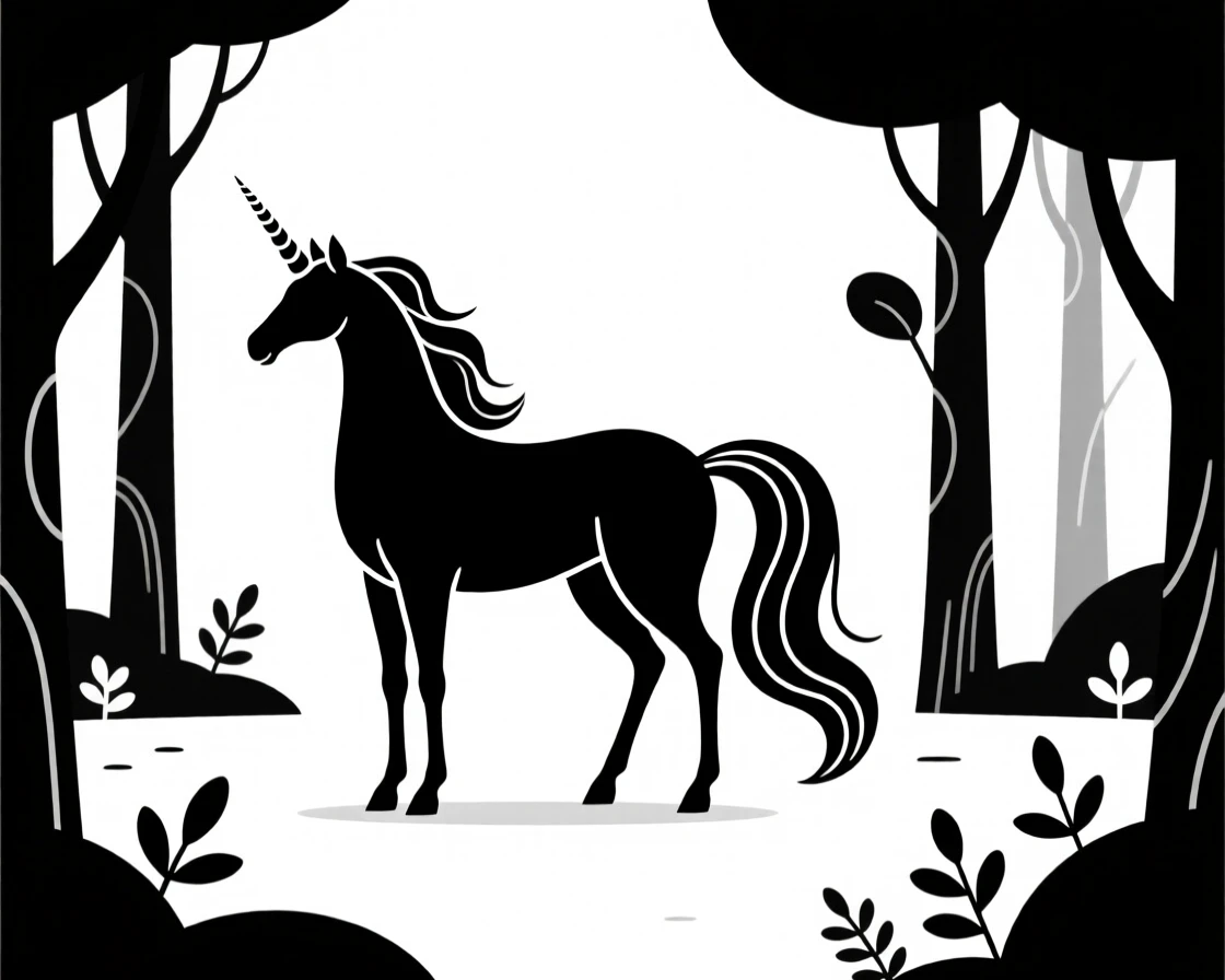 A unicorn standing in an enchanted forest clearing.