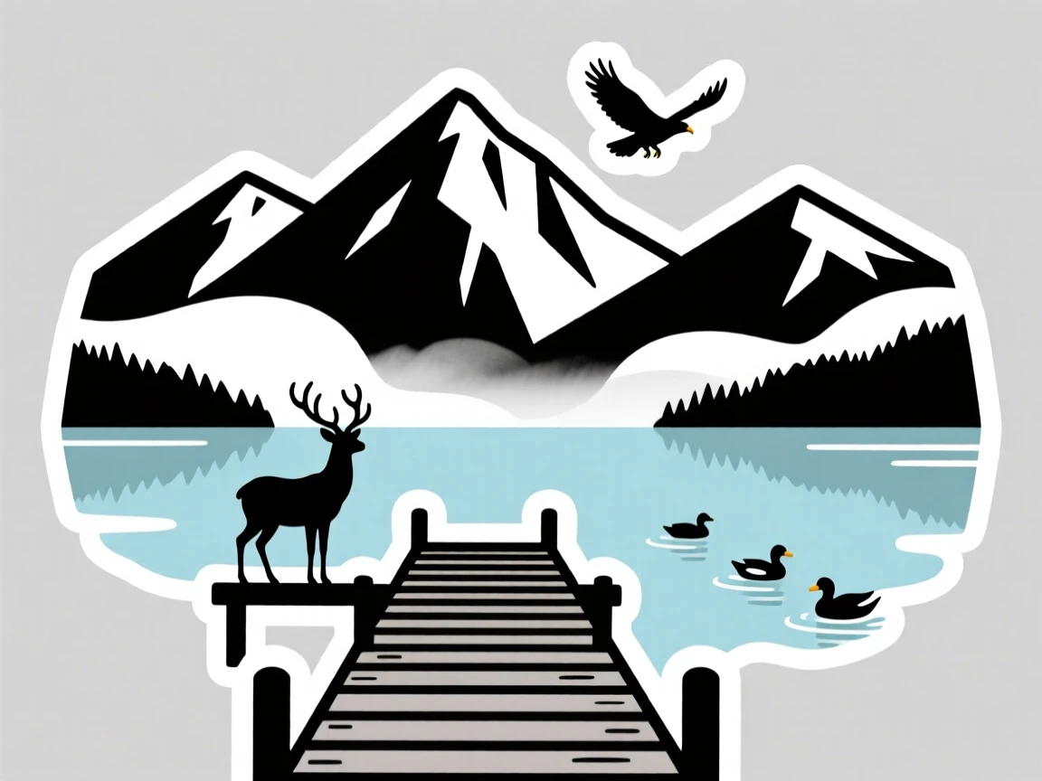 A majestic mountain lake with a single wooden dock, with morning mist rolling through, where wildlife roams freely.