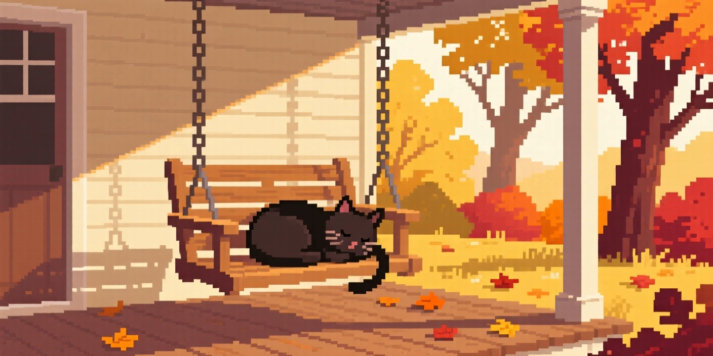A covered porch swing holding a sleeping cat curled in sunlight, in a countryside cottage during autumn.