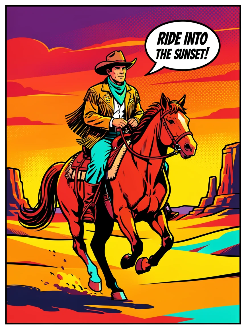 A cowboy riding across a sunset-lit desert on horseback
