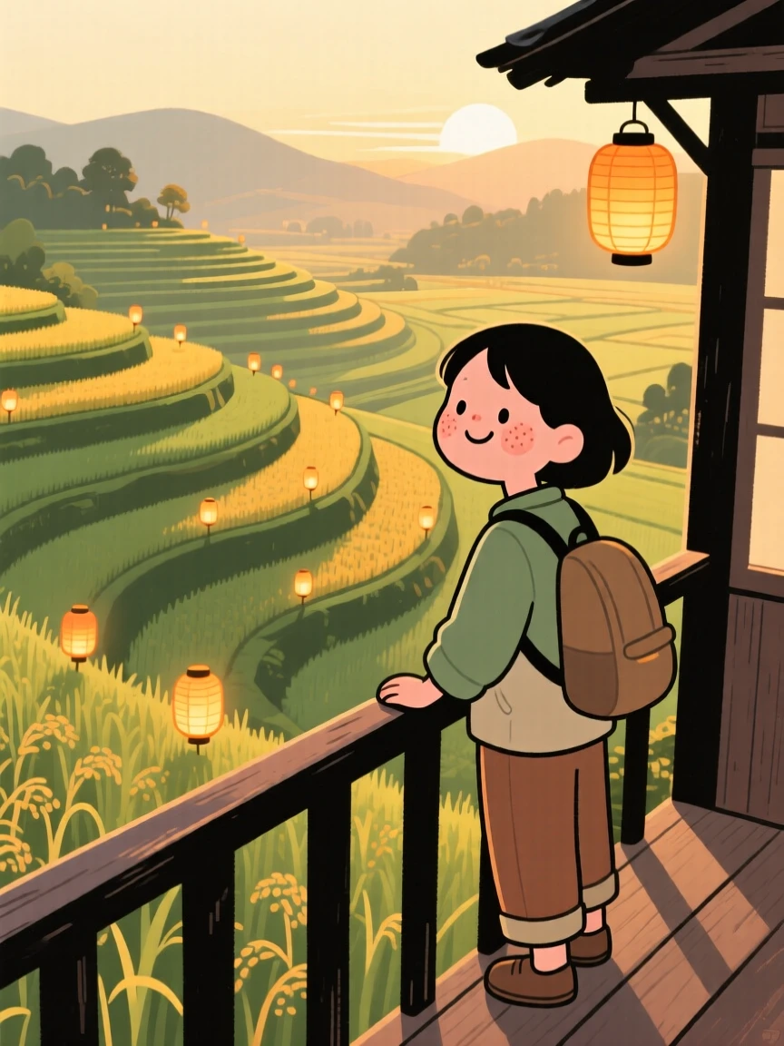 A traveler pauses on a narrow balcony overlooking terraced rice fields, watching lanterns being lit one by one as the golden afternoon light settles over the scene.