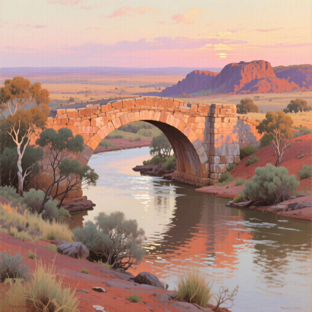 An expansive vista of an ancient stone bridge arching over a slow-moving river, in the Australian outback, in the 1930s, in the last light of sunset.