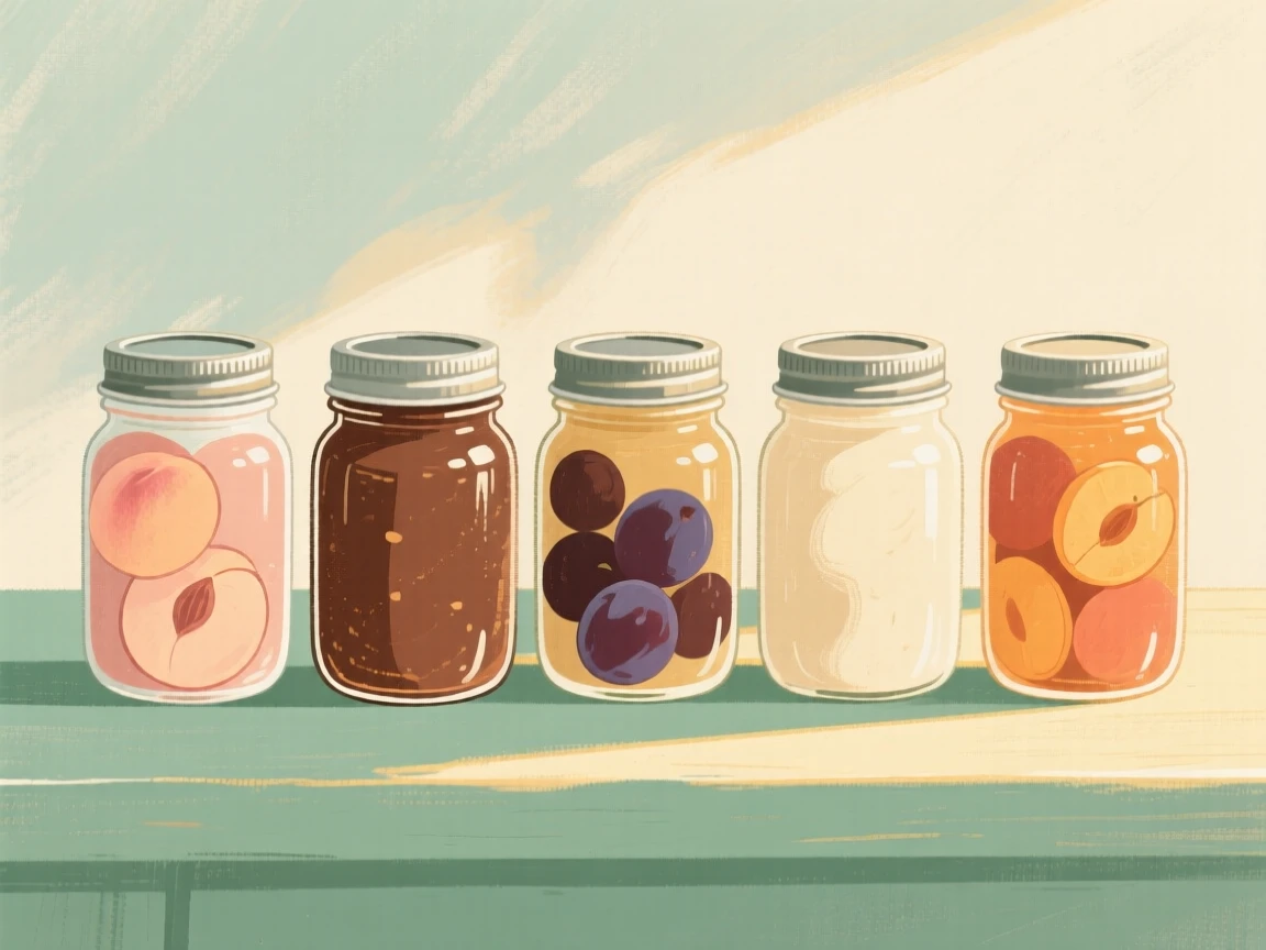 A row of mason jars filled with homemade preserves