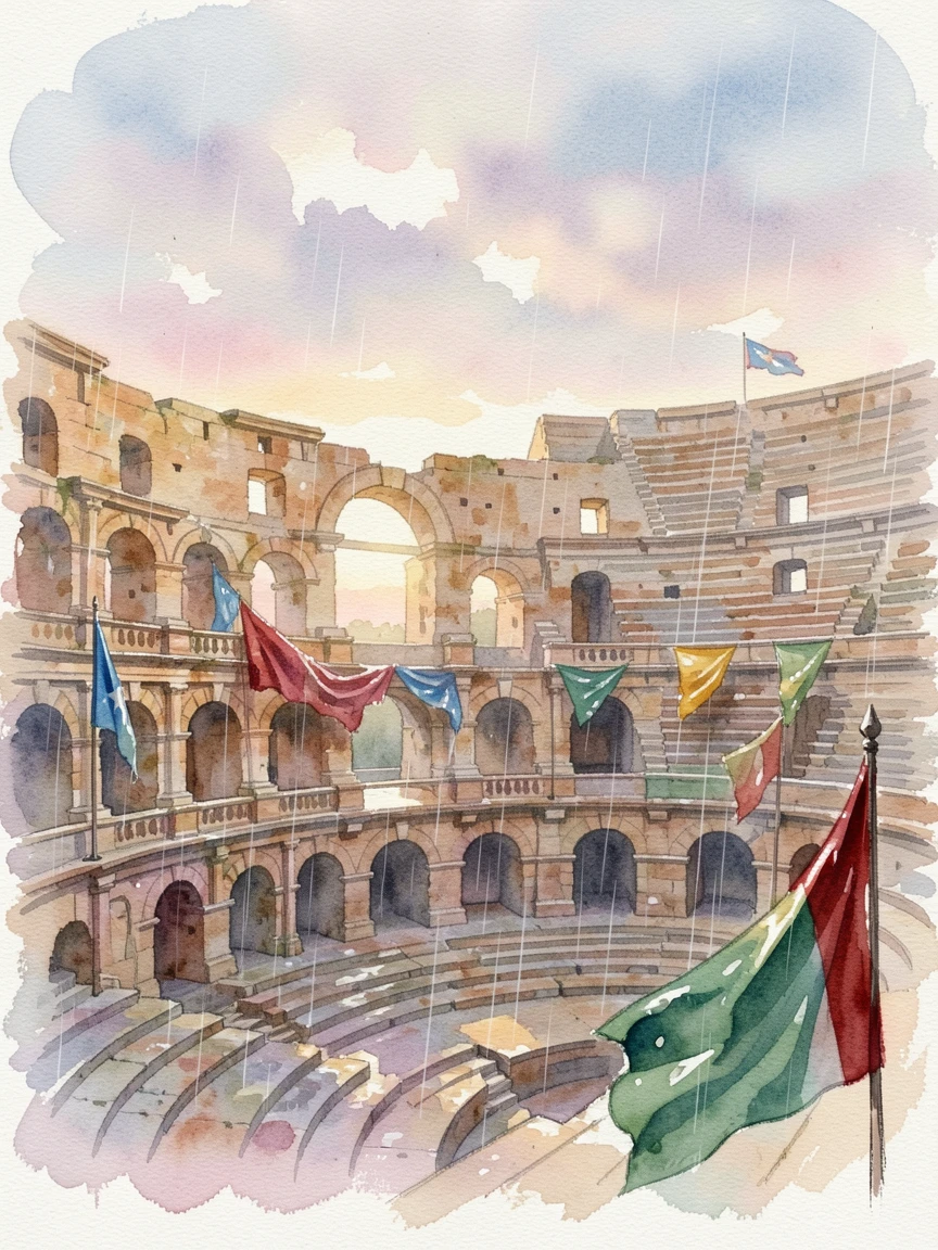 An ancient amphitheater bathed in evening light in gentle rain with colorful flags fluttering in the breeze.