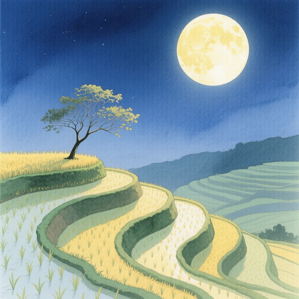 A breathtaking view of a terraced rice field under a full harvest moon, where a lone tree stands on a ridge