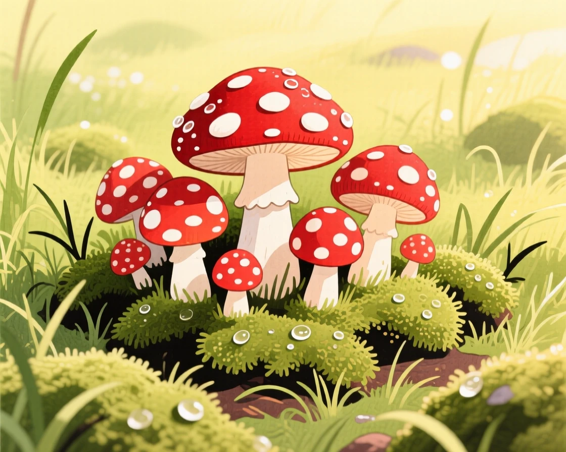 A cluster of red toadstool mushrooms in mossy grass glistening with morning dew.
