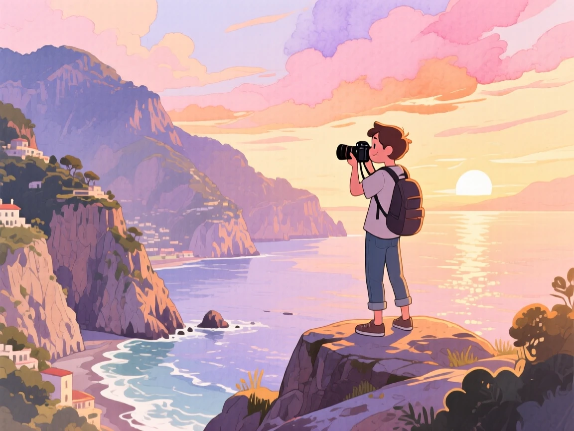 A photographer captures the golden light amid the dramatic cliffs of the Amalfi Coast at dusk, filled with the romance of travel.